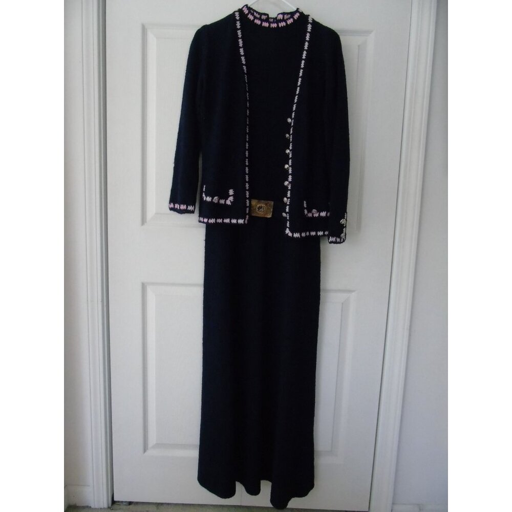 Vintage 1970's Maxi Suit St. John Knits Saks Fifth Avenue Navy & Pink 3 Piece Si